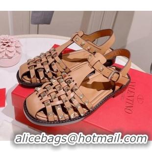 Perfect Valentino Rockstud Woven Calf Leather Flat Sandals Brown 0323152