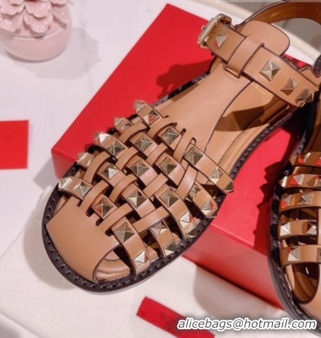 Perfect Valentino Rockstud Woven Calf Leather Flat Sandals Brown 0323152