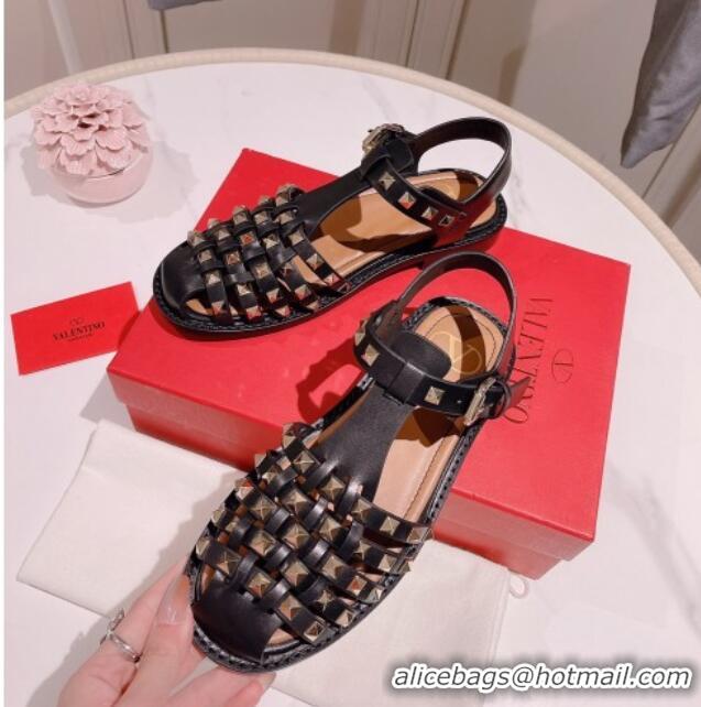 Grade Quality Valentino Rockstud Woven Calf Leather Flat Sandals Black 0323153