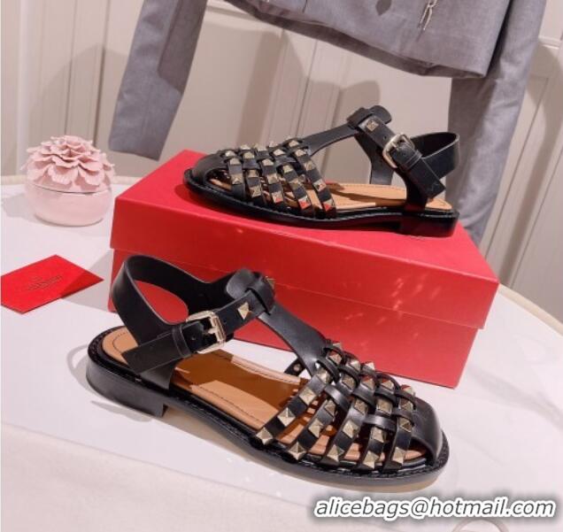 Grade Quality Valentino Rockstud Woven Calf Leather Flat Sandals Black 0323153