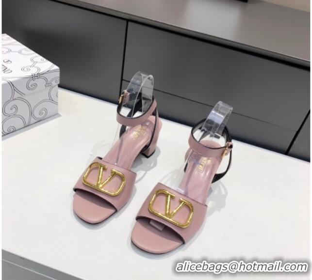 Stylish Valentino VLogo Grained Calfskin Heel Sandals 5cm Pink 032659