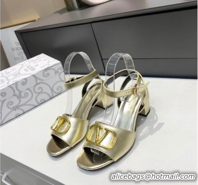 Sumptuous Valentino VLogo Grained Calfskin Heel Sandals 5cm Gold 032660