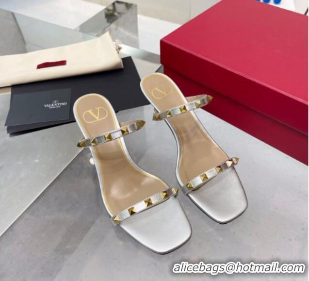 Unique Style Valentino Rockstud Medium Slide Sandals 6.5cm Silver 032843