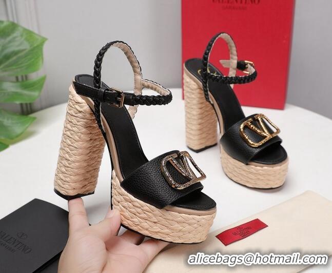 Best Price Valentino VLogo Leather High Heel Flatform Sandals 13cm Black 032844