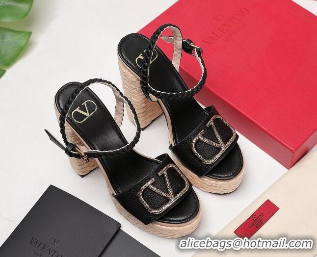 Best Price Valentino VLogo Leather High Heel Flatform Sandals 13cm Black 032844