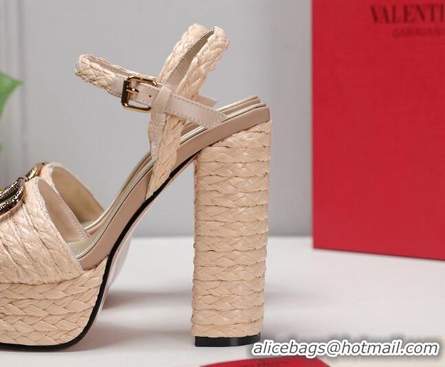 Lower Price Valentino VLogo Leather High Heel Flatform Sandals 13cm Beige 032845