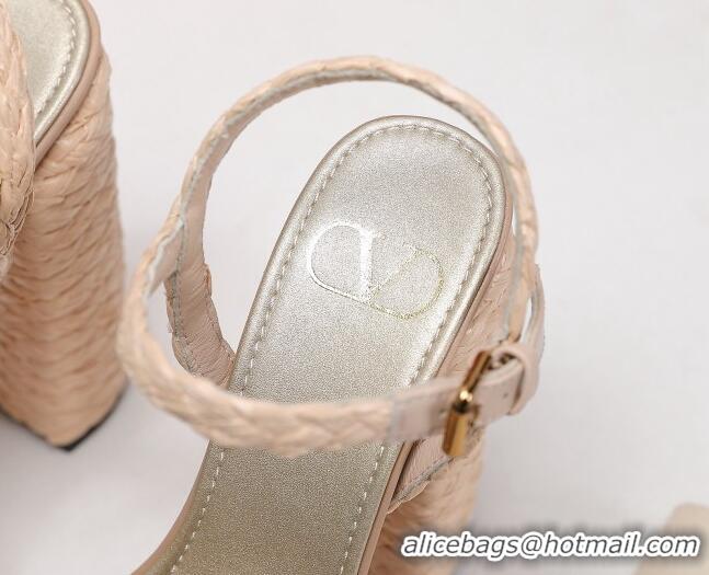 Lower Price Valentino VLogo Leather High Heel Flatform Sandals 13cm Beige 032845