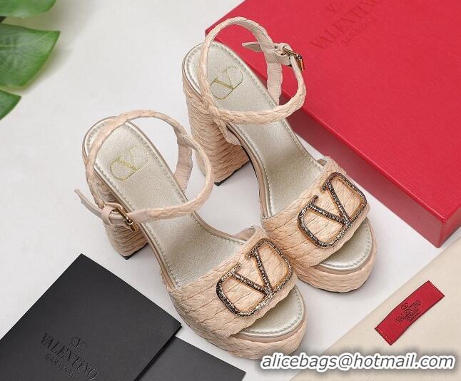 Lower Price Valentino VLogo Leather High Heel Flatform Sandals 13cm Beige 032845