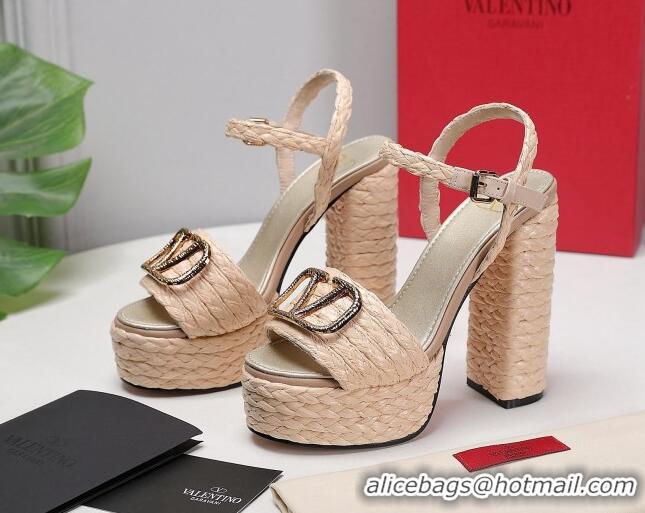 Lower Price Valentino VLogo Leather High Heel Flatform Sandals 13cm Beige 032845