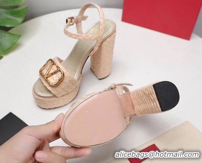 Lower Price Valentino VLogo Leather High Heel Flatform Sandals 13cm Beige 032845