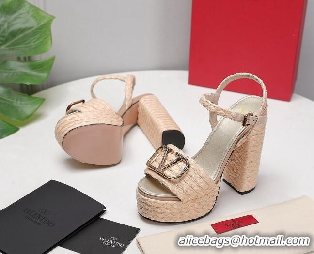 Lower Price Valentino VLogo Leather High Heel Flatform Sandals 13cm Beige 032845