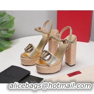 Grade Valentino VLogo Leather High Heel Flatform Sandals 13cm Gold 032847