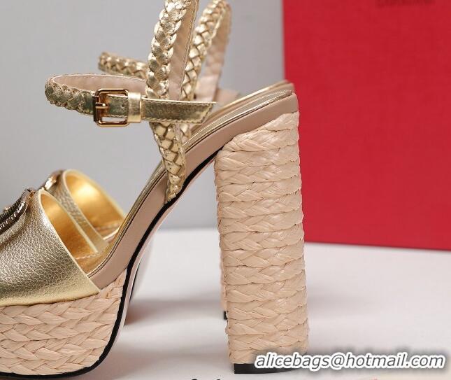 Grade Valentino VLogo Leather High Heel Flatform Sandals 13cm Gold 032847