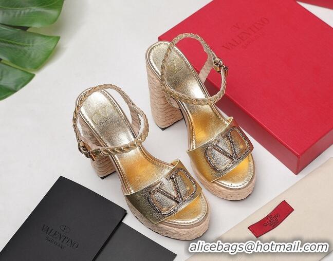 Grade Valentino VLogo Leather High Heel Flatform Sandals 13cm Gold 032847