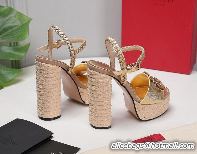 Grade Valentino VLogo Leather High Heel Flatform Sandals 13cm Gold 032847