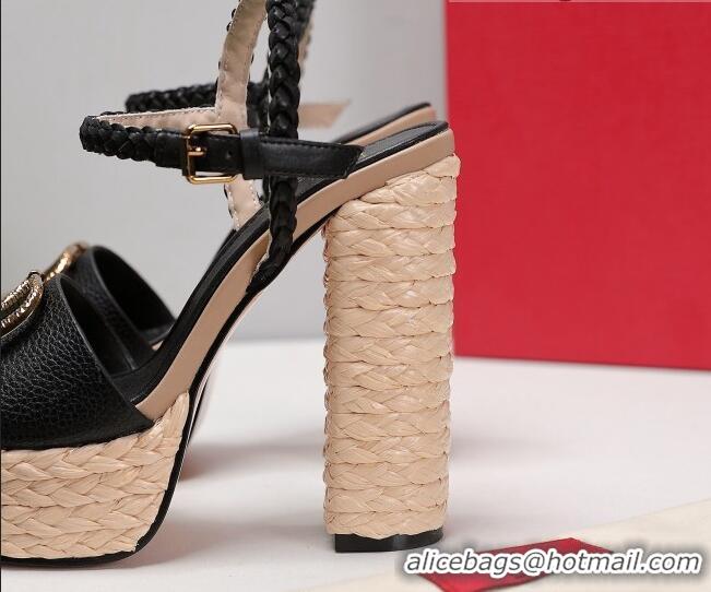 Good Quality Valentino VLogo Leather High Heel Flatform Sandals 13cm Black 032849