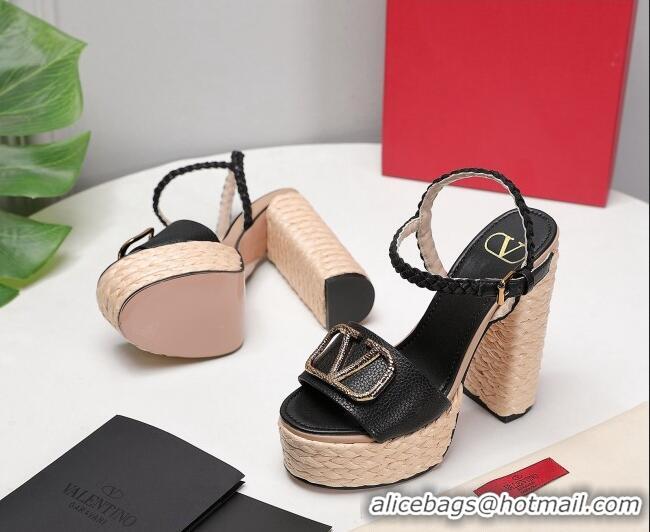 Good Quality Valentino VLogo Leather High Heel Flatform Sandals 13cm Black 032849