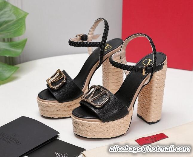 Good Quality Valentino VLogo Leather High Heel Flatform Sandals 13cm Black 032849