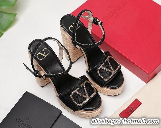 Good Quality Valentino VLogo Leather High Heel Flatform Sandals 13cm Black 032849