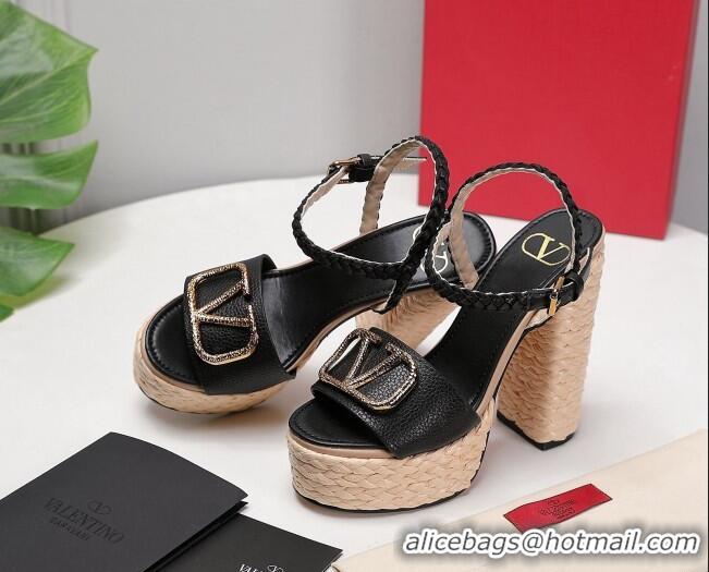 Good Quality Valentino VLogo Leather High Heel Flatform Sandals 13cm Black 032849