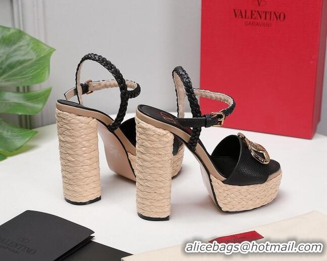 Good Quality Valentino VLogo Leather High Heel Flatform Sandals 13cm Black 032849