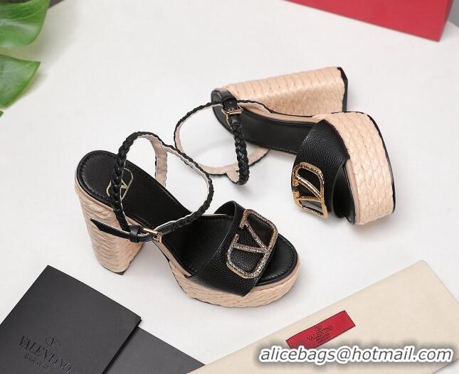 Good Quality Valentino VLogo Leather High Heel Flatform Sandals 13cm Black 032849