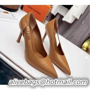 Stylish Louis Vuitton Signature Calf Leather Pumps 8.5cm Brown 032313