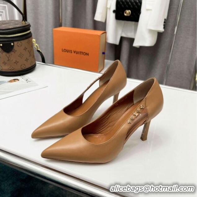 Stylish Louis Vuitton Signature Calf Leather Pumps 8.5cm Brown 032313