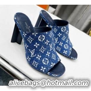 Grade Quality Louis Vuitton Silhouette Monogram Denim High Heel Slide Sandals 8cm Navy Blue 032316