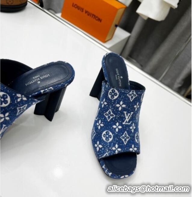 Grade Quality Louis Vuitton Silhouette Monogram Denim High Heel Slide Sandals 8cm Navy Blue 032316