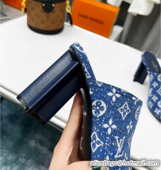 Grade Quality Louis Vuitton Silhouette Monogram Denim High Heel Slide Sandals 8cm Navy Blue 032316