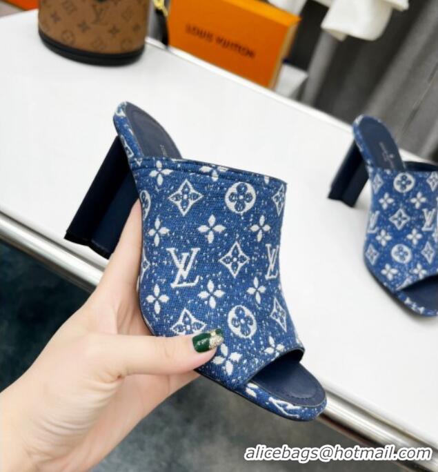 Grade Quality Louis Vuitton Silhouette Monogram Denim High Heel Slide Sandals 8cm Navy Blue 032316