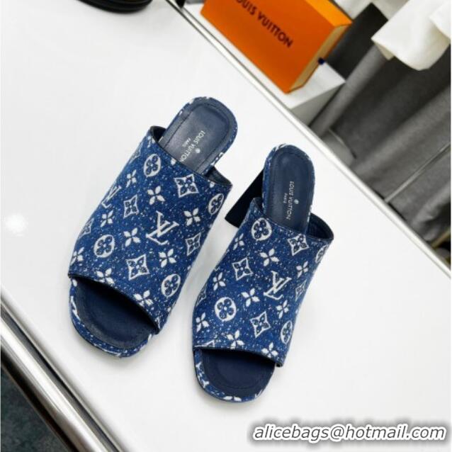 Grade Quality Louis Vuitton Silhouette Monogram Denim High Heel Slide Sandals 8cm Navy Blue 032316