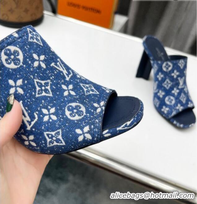 Grade Quality Louis Vuitton Silhouette Monogram Denim High Heel Slide Sandals 8cm Navy Blue 032316