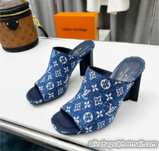 Grade Quality Louis Vuitton Silhouette Monogram Denim High Heel Slide Sandals 8cm Navy Blue 032316