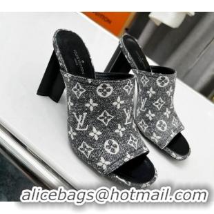 Good Product Louis Vuitton Silhouette Monogram Denim High Heel Slide Sandals 8cm Grey 032317