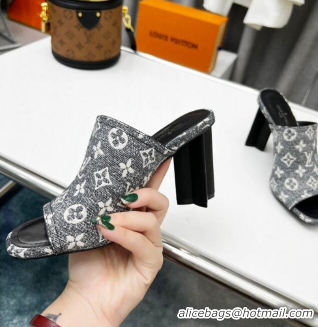 Good Product Louis Vuitton Silhouette Monogram Denim High Heel Slide Sandals 8cm Grey 032317