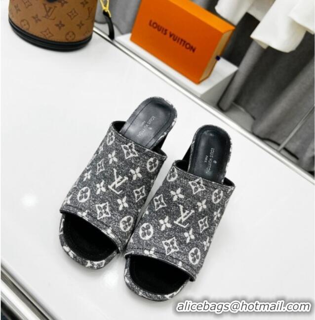 Good Product Louis Vuitton Silhouette Monogram Denim High Heel Slide Sandals 8cm Grey 032317