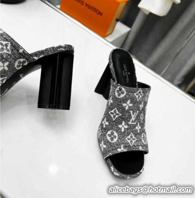 Good Product Louis Vuitton Silhouette Monogram Denim High Heel Slide Sandals 8cm Grey 032317