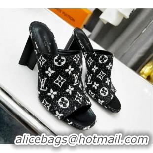 Stylish Louis Vuitton Silhouette Monogram Denim High Heel Slide Sandals 8cm Black 032318