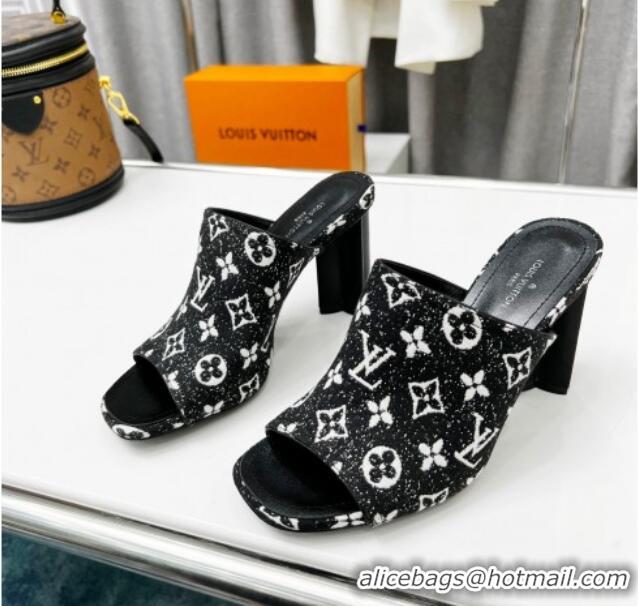 Stylish Louis Vuitton Silhouette Monogram Denim High Heel Slide Sandals 8cm Black 032318