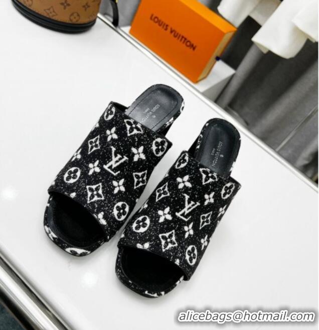 Stylish Louis Vuitton Silhouette Monogram Denim High Heel Slide Sandals 8cm Black 032318