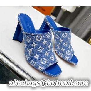 Grade Louis Vuitton Silhouette Monogram Denim High Heel Slide Sandals 8cm Light Blue 032320