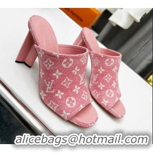 Trendy Design Louis Vuitton Silhouette Monogram Denim High Heel Slide Sandals 8cm Pink 032321