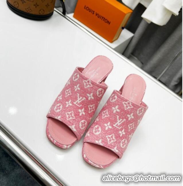 Trendy Design Louis Vuitton Silhouette Monogram Denim High Heel Slide Sandals 8cm Pink 032321