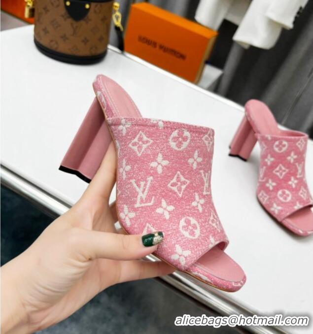 Trendy Design Louis Vuitton Silhouette Monogram Denim High Heel Slide Sandals 8cm Pink 032321