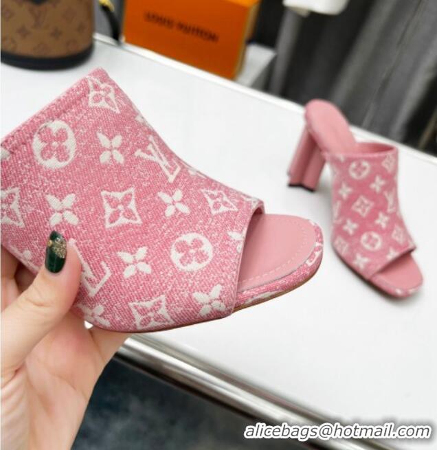 Trendy Design Louis Vuitton Silhouette Monogram Denim High Heel Slide Sandals 8cm Pink 032321