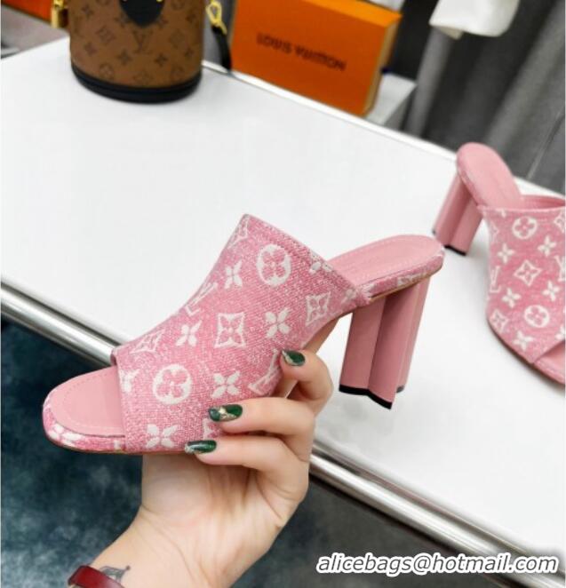 Trendy Design Louis Vuitton Silhouette Monogram Denim High Heel Slide Sandals 8cm Pink 032321