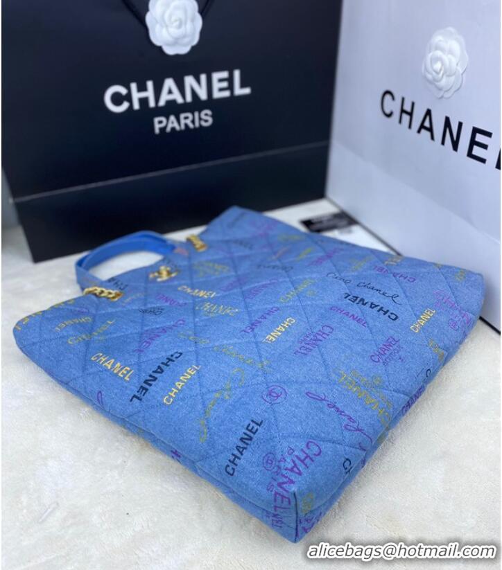 Buy Grade Chanel Printed Denim Maxi Shopping Bag AS3128 Blue