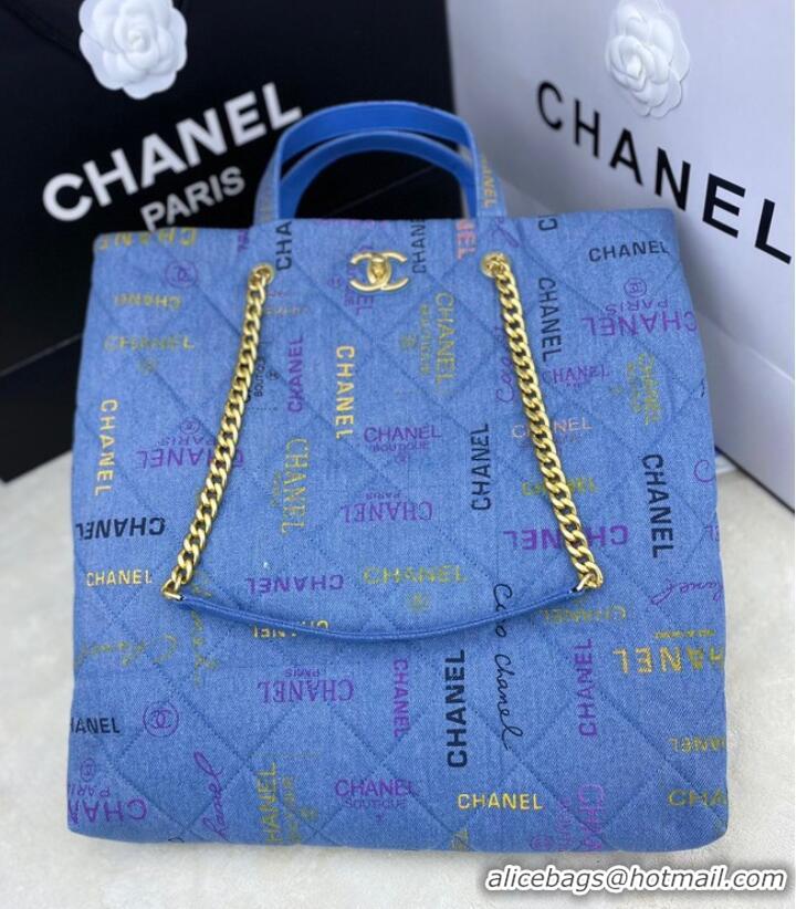 Buy Grade Chanel Printed Denim Maxi Shopping Bag AS3128 Blue